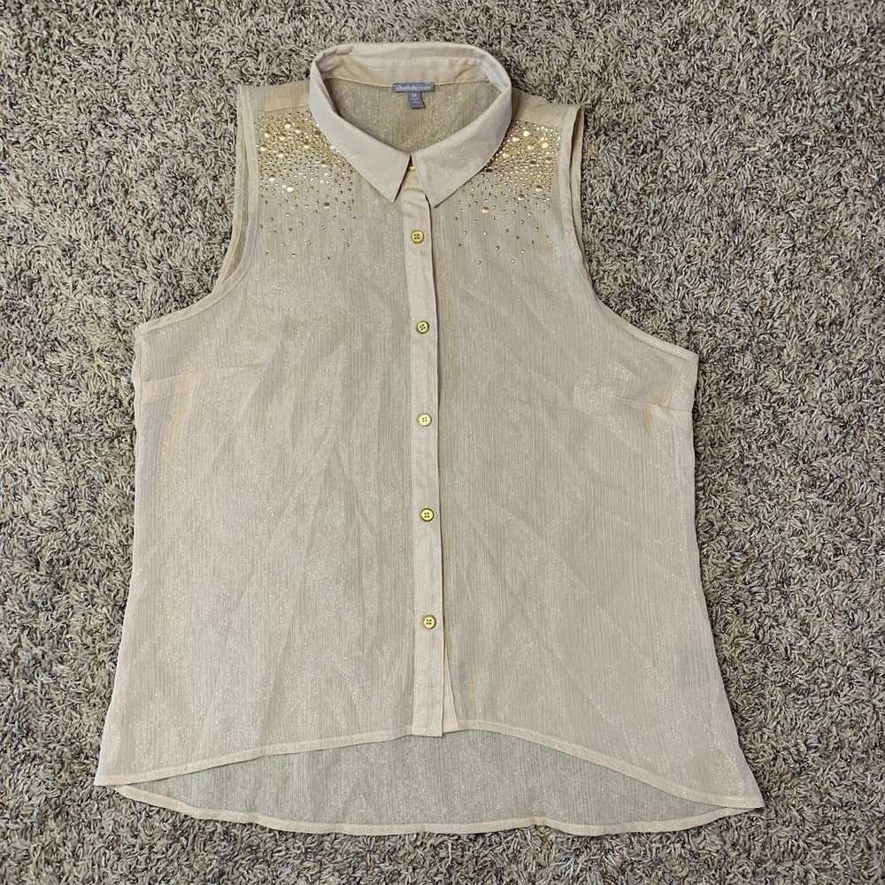 Charlotte Russe Blouse Womens M Beige Gold Button Up Collared Top Business - Picture 1 of 10